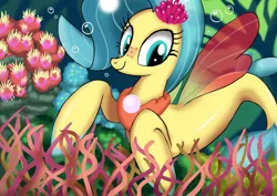 Size: 1024x724 | Tagged: artist:neoshrek, bioluminescent, blue eyes, bubble, coral, cute, derpibooru import, dorsal fin, female, fins, fin wings, fish tail, flower, flower in hair, freckles, glow, jewelry, my little pony: the movie, necklace, pearl necklace, princess skystar, safe, seapony (g4), seaweed, skyabetes, smiling, solo, tail, underwater, water, wings