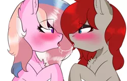 Size: 886x565 | Tagged: suggestive, artist:naaltive, derpibooru import, oc, oc:alluring gaze, oc:ponepony, earth pony, blushing, drool, drool string, earth pony oc, eyeshadow, female, french kiss, kissing, lesbian, makeup, salivating, shipping, simple background, white background