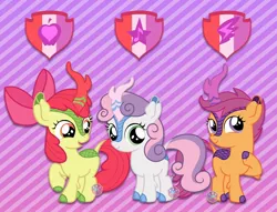 Size: 1280x976 | Tagged: safe, artist:lovinglypromise, derpibooru import, apple bloom, scootaloo, sweetie belle, kirin, pony, cute, cutie mark crusaders, female, filly, horn, kirinified, species swap