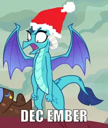 Size: 398x472 | Tagged: safe, derpibooru import, edit, edited screencap, screencap, clump, princess ember, dragon, sweet and smoky, 1000 hours in ms paint, angry, christmas, cropped, december, dragoness, female, hat, holiday, male, name pun, open mouth, pun, santa hat, shrunken pupils, solo focus