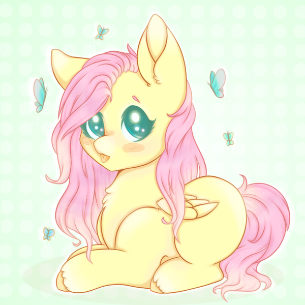 Size: 900x900 | Tagged: safe, artist:saltyvity, derpibooru import, fluttershy, butterfly, insect, pegasus, pony, abstract background, blush sticker, blushing, chest fluff, colored hooves, cute, female, folded wings, looking at you, lying down, mare, missing cutie mark, no pupils, prone, shyabetes, solo, three quarter view, tongue out, unshorn fetlocks, wings