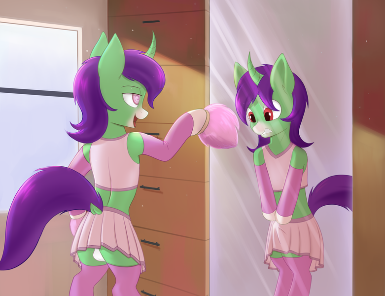 Size: 3516x2700 | Tagged: artist needed, questionable, derpibooru import, oc, oc:crescent star, unofficial characters only, crystal pony, pony, alternate hairstyle, arm warmers, blushing, bulges, cheerleader, cheerleader outfit, clothes, crossdressing, crystal unicorn, different perspective, embarrassed, happy, hypnosis, leggings, male, mirror, panties, pom pom, solo, solo male, stallion, standing, teasing, underwear, window