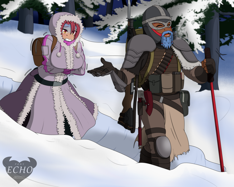 Size: 2500x2000 | Tagged: anthro, armor, artist:ponyecho, axe, beard, clothes, coat, cold, derpibooru import, facial hair, futa, gun, helmet, intersex, male, oc, oc:nell clearfield, oc:northern shield, rifle, safe, snow, textless version, tree, tundra, walking stick, weapon, winter outfit