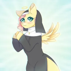 Size: 1000x1000 | Tagged: safe, artist:saltyvity, derpibooru import, fluttershy, pegasus, pony, angel, bipedal, blush sticker, blushing, colored hooves, cross, cross necklace, eyelashes, flutternun, green eyes, habit, halo, innocent, jewelry, looking at you, necklace, pink hair, praying, side slit, spread wings, thighs, wide hips, wings, yellow coat