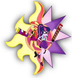 Size: 1527x1654 | Tagged: safe, artist:jcpreactyt, derpibooru import, sci-twi, sunset shimmer, twilight sparkle, equestria girls, clothes, cutie mark, energy weapon, female, lesbian, school uniform, scitwishimmer, shipping, shirt, shoes, simple background, skirt, sunsetsparkle, transparent background, weapon