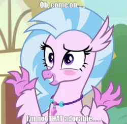 Size: 613x600 | Tagged: blatant lies, blushing, caption, cute, derpibooru import, diastreamies, edit, edited screencap, hippogriff, image macro, i'm not cute, jewelry, liar, meme, necklace, safe, screencap, silverstream, smiling, solo, text