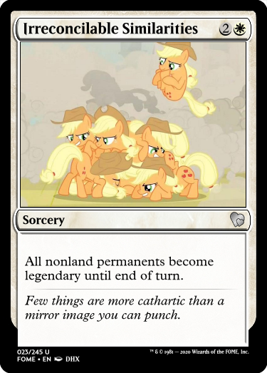 Size: 375x523 | Tagged: safe, derpibooru import, edit, applejack, a canterlot wedding, applejack's hat, cannonball, ccg, cowboy hat, disguise, disguised changeling, dust cloud, hat, magic the gathering, pile, pony pile, trading card, trading card edit