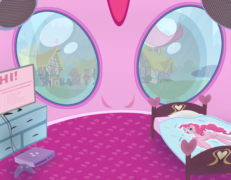 Size: 3210x2510 | Tagged: safe, derpibooru import, pinkie pie, bed, breaking the fourth wall, console, eye, eyes, fourth wall, head, inside, inside head, offscreen character, ponyville, pov, television, video game