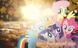 Size: 3000x1875 | Tagged: safe, artist:lincolnbrewsterfan, derpibooru import, applejack, fluttershy, pinkie pie, rainbow dash, rarity, twilight sparkle, twilight sparkle (alicorn), alicorn, earth pony, pegasus, pony, unicorn, 2020, autumn, autumn leaves, beautiful, colorful, fall leaves, friendship, friendship embrace, friendship hug, glow, grandeur, group hug, happy, happy thanksgiving 2020, holiday, hug, irl, leaf, leaves, lens flare, lovely, mane six, path, photo, ponies in real life, real life background, real life scenery, realistic background, road, shine, shiny, six ponies, smiling, sun, sunlight, sunny, sunset, sunshine, text, thanksgiving, vector, vector-realism combination, wall of tags, wallpaper, wallpaper resolution, wide resolution