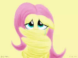 Size: 2400x1800 | Tagged: safe, artist:rockhoppr3, derpibooru import, fluttershy, pegasus, pony, anxious, crying, floppy ears, full face view, hug, looking at you, looking up, sad, self winghug, self-hugging, simple background, solo, teary eyes, winghug, wings, yellow background