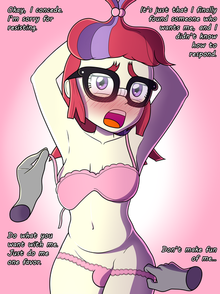 Size: 3000x4000 | Tagged: questionable, artist:thealjavis, derpibooru import, moondancer, comic:no nut moondancer, equestria girls, armpits, arms in the air, belly, belly button, bra, breasts, bulges, cleavage, clothes, collarbone, dialogue, disembodied hand, embarrassed, equestria girls-ified, futa, futa eqestria girls, futa moondancer, hand, intersex, no nut november, solo, solo futa, underwear, unhook bra, unhook panties