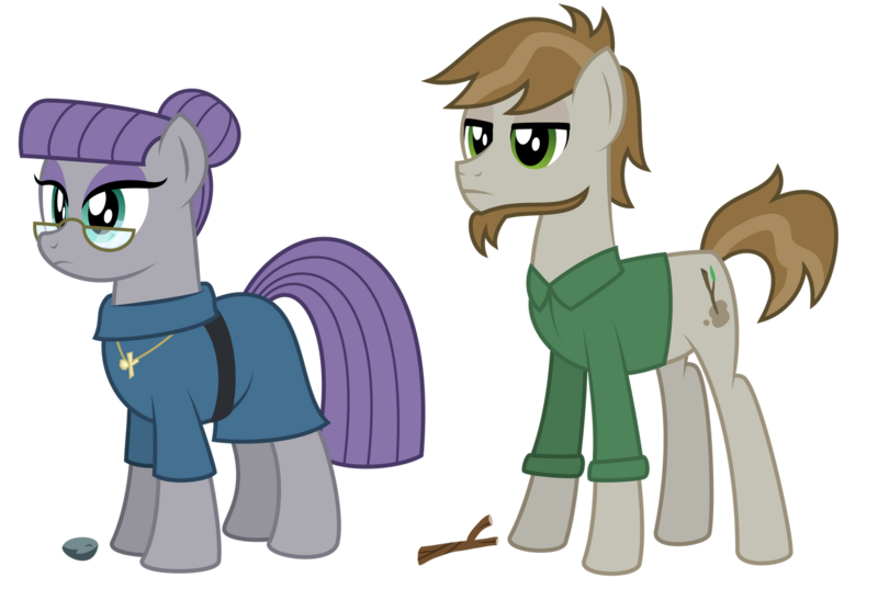 Size: 1280x859 | Tagged: safe, artist:aleximusprime, derpibooru import, boulder (pet), maud pie, mudbriar, twiggy (pet), flurry heart's story, beard, clothes, different hairstyle, facial hair, female, frock coat, future, glasses, hair bun, husband and wife, jewelry, male, married couple, necklace, older, rock, shirt, simple background, stick, sticks and stones, transparent background, twig