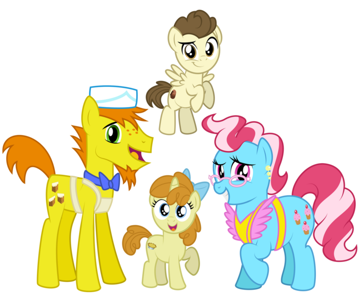 Size: 1280x1089 | Tagged: safe, artist:aleximusprime, derpibooru import, carrot cake, cup cake, pound cake, pumpkin cake, earth pony, pegasus, pony, unicorn, flurry heart's story, apron, bow, brother and sister, cake family, clothes, colt, ear piercing, earring, family, family photo, female, filly, freckles, glasses, husband and wife, ice cream hat, jewelry, male, mare, married couple, older, older pound cake, older pumpkin cake, parent:carrot cake, parent:cup cake, piercing, siblings, simple background, stallion, the cakes, transparent background