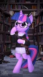 Size: 1080x1920 | Tagged: safe, artist:owlpirate, derpibooru import, twilight sparkle, pony, unicorn, 3d, bipedal, book, clothes, glasses, holding a book, hoof hold, library, nerd, nerd pony, purse, sfm pony, solo, source filmmaker, unicorn twilight