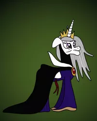 Size: 1280x1592 | Tagged: safe, artist:platinumdrop, derpibooru import, princess celestia, alicorn, pony, cloak, clothes, cosplay, costume, crossover, crown, disney, dress, elderly, evil queen, floppy ears, gradient background, grey hair, hag, jewelry, older, regalia, simple background, snow white and the seven dwarfs, solo, transformation, wrinkles