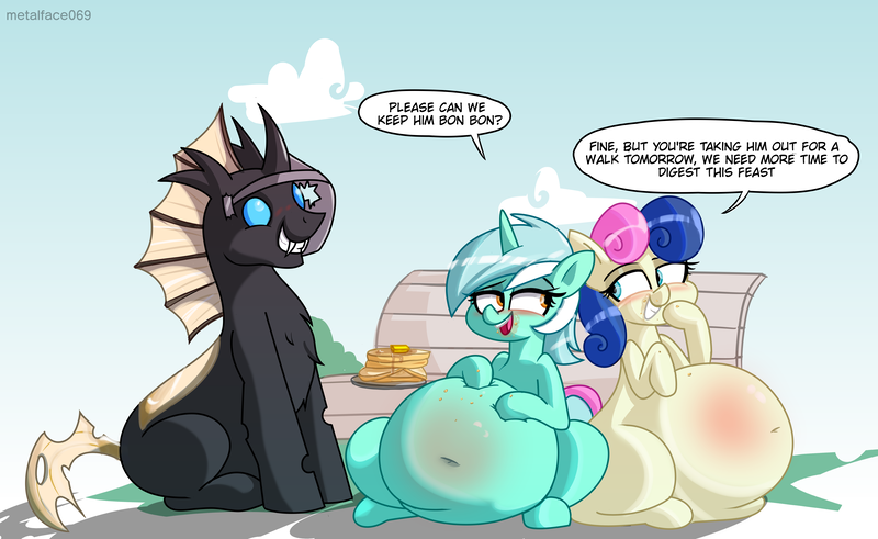 Size: 4996x3064 | Tagged: suggestive, artist:metalface069, derpibooru import, bon bon, lyra heartstrings, sweetie drops, oc, changeling, earth pony, pony, unicorn, belly, belly button, bench, big belly, blushing, bon blob, brown changeling, changeling oc, commission, fat, female, food, food baby, grin, lard-ra heartstrings, male, mare, open mouth, pancakes, sitting, smiling, stuffed