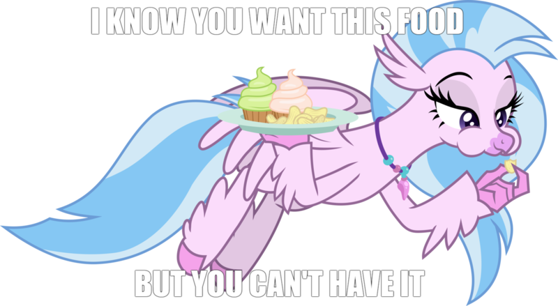 Size: 1280x703 | Tagged: safe, artist:frownfactory, derpibooru import, edit, silverstream, classical hippogriff, hippogriff, she's all yak, caption, chips, cupcake, eating, food, jewelry, looking down, meme, necklace, plate, simple background, smiling, smirk, solo, teasing, teasing you, text, transparent background