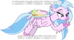 Size: 1280x703 | Tagged: safe, artist:frownfactory, derpibooru import, edit, silverstream, classical hippogriff, hippogriff, she's all yak, caption, chips, cupcake, eating, food, jewelry, looking down, meme, necklace, plate, simple background, smiling, smirk, solo, teasing, teasing you, text, transparent background