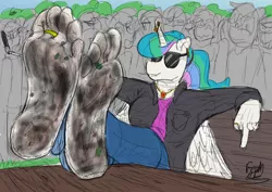 Size: 3578x2530 | Tagged: suggestive, artist:fetishsketches, derpibooru import, princess celestia, alicorn, anthro, plantigrade anthro, badass, barefoot, breasts, clothes, commission, dirt, dirty, dirty feet, doodle, feet, fetish, foot fetish, foot focus, horn, horn piercing, jacket, jeans, jewelry, leather jacket, middle finger, necklace, pants, piercing, ponytail, public, ring, selfie, selfie stick, soles, sunglasses, toe ring, vulgar