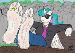 Size: 3578x2530 | Tagged: suggestive, alternate version, artist:fetishsketches, derpibooru import, princess celestia, alicorn, anthro, plantigrade anthro, barefoot, clothes, commission, doodle, feet, fetish, foot fetish, foot focus, horn, horn piercing, jacket, jeans, jewelry, leather jacket, middle finger, necklace, pants, piercing, ponytail, public, ring, selfie, selfie stick, soles, sunglasses, sweaty feet, toe ring, vulgar
