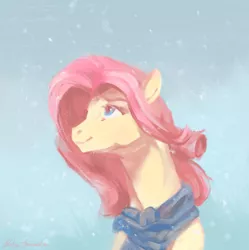 Size: 1594x1598 | Tagged: safe, artist:malinetourmaline, derpibooru import, fluttershy, pony, bust, clothes, female, looking away, looking up, mare, portrait, scarf, smiling, snow, snowfall, solo, winter