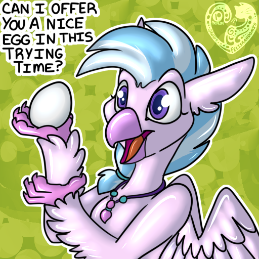 Size: 512x512 | Tagged: artist:felisrandomis, bronybait, danny devito, derpibooru import, egg, female, hippogriff, it's always sunny in philadelphia, national egg day, safe, shiny, silverstream, solo, talons, text, wings