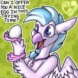 Size: 512x512 | Tagged: artist:felisrandomis, bronybait, danny devito, derpibooru import, egg, female, hippogriff, it's always sunny in philadelphia, national egg day, safe, shiny, silverstream, solo, talons, text, wings