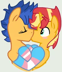 Size: 531x611 | Tagged: safe, artist:box-of-ideas, artist:jadethepegasus, derpibooru import, flash sentry, sunset shimmer, pegasus, pony, unicorn, alternate hairstyle, base used, blushing, clothes, eyes closed, female, flare warden, flareglare, flashimmer, french kiss, gray background, hug, kissing, male, mare, pride, pride flag, raised hoof, rule 63, shipping, simple background, socks, stallion, straight, striped socks, sunset glare, trans female, trans male, transgender, transgender pride flag