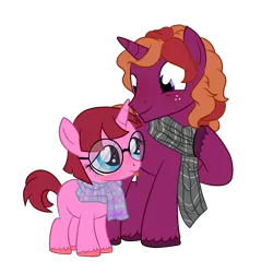 Size: 2000x2000 | Tagged: safe, artist:ponykittenboi, derpibooru import, oc, oc:roaring maw, oc:rose petal, unofficial characters only, pony, unicorn, derpibooru community collaboration, 2021 community collab, clothes, father and child, father and daughter, female, filly, high res, male, scarf, show accurate, simple background, stallion, tongue out, transparent background, unshorn fetlocks