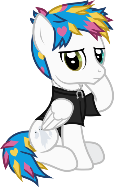 Size: 770x1256 | Tagged: safe, artist:lightningbolt, derpibooru import, ponified, pegasus, pony, .svg available, awsten knight, clothes, dyed mane, dyed tail, folded wings, frown, heart, heterochromia, horseshoes, jewelry, male, necklace, raised hoof, shirt, simple background, sitting, solo, stallion, svg, t-shirt, transparent background, vector, waterparks, wings