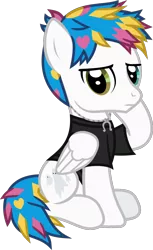 Size: 770x1256 | Tagged: safe, artist:lightningbolt, derpibooru import, ponified, pegasus, pony, .svg available, awsten knight, clothes, dyed mane, dyed tail, folded wings, frown, heart, heterochromia, horseshoes, jewelry, male, necklace, raised hoof, shirt, simple background, sitting, solo, stallion, svg, t-shirt, transparent background, vector, waterparks, wings