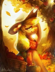 Size: 1106x1443 | Tagged: safe, artist:anticular, derpibooru import, applejack, earth pony, pony, apple, autumn, basket, clothes, falling leaves, female, food, harvest, leaf, leaves, lidded eyes, looking at you, mare, scarf, scenery, sitting, smiling, solo
