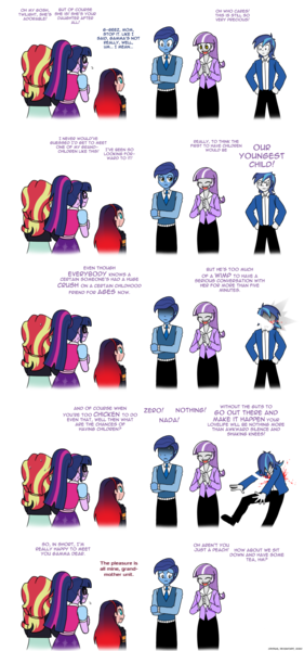 Size: 1036x2212 | Tagged: safe, artist:crydius, derpibooru import, night light, sci-twi, shining armor, sunset shimmer, twilight sparkle, twilight velvet, oc, oc:gamma, robot, equestria girls, blood, comic, dead, equestria girls-ified, female, lesbian, meeting, parent:sci-twi, parent:sunset shimmer, passive aggressive, punch, scitwishimmer, shipping, simple background, sunsetsparkle, sweat, sweatdrop, transparent background, verbal backhand, verbal beatdown, verbal murder