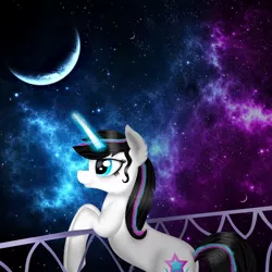 Size: 1080x1078 | Tagged: safe, artist:rxndxm.artist, derpibooru import, oc, oc:shooting star, unofficial characters only, pony, unicorn, crescent moon, female, glowing horn, horn, mare, moon, night, solo, stars, unicorn oc