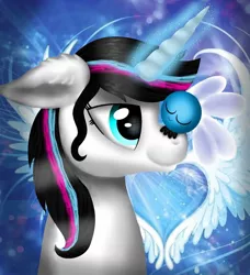 Size: 1080x1185 | Tagged: safe, artist:rxndxm.artist, derpibooru import, oc, oc:shooting star, unofficial characters only, parasprite, pony, unicorn, abstract background, bust, eyes closed, female, glowing horn, horn, mare, smiling, wings