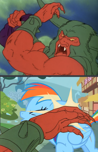 Size: 2000x3108 | Tagged: safe, derpibooru import, edit, edited screencap, screencap, lord tirek, rainbow dash, centaur, pegasus, pony, rescue at midnight castle, the mysterious mare do well, abuse, bag, caption, claws, dashabuse, exploitable meme, eyes closed, fangs, female, g1, g1 to g4, generation leap, go to sleep wind rider, horns, image macro, male, mare, meme, rainbow of darkness, slap, spit, text, tirac, tirac slap