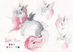 Size: 2000x1427 | Tagged: safe, artist:lady-limule, derpibooru import, oc, oc:joyful muse, hybrid, original species, pony, bust, female, horns, interspecies offspring, offspring, parent:oc:curtain call, parent:oc:haywire, parents:oc x oc, rearing, reference sheet, story included, traditional art, wings