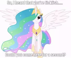 Size: 474x389 | Tagged: alicorn, bronybait, caption, derpibooru import, imminent tickles, looking at you, meme, princess celestia, raised hoof, safe, smiling, spread wings, text, this will end in tickles, uh oh, wings