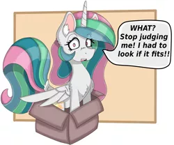 Size: 2000x1666 | Tagged: safe, artist:cuddlelamb, derpibooru import, princess celestia, alicorn, pony, behaving like a cat, box, chest fluff, cute, cutelestia, dialogue, ear fluff, embarrassed, female, fluffy, if i fits i sits, looking at you, mare, nose fluff, open mouth, pony in a box, shoulder fluff, simple background, solo, speech bubble, tail fluff, talking to viewer, wide eyes, wing fluff