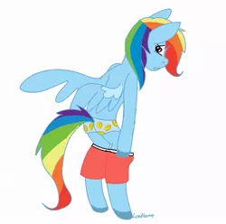 Size: 907x900 | Tagged: suggestive, alternate version, artist:lowname, derpibooru import, rainbow dash, anthro, pegasus, unguligrade anthro, clothes, shorts, shorts pulled down, signature, simple background, solo, white background