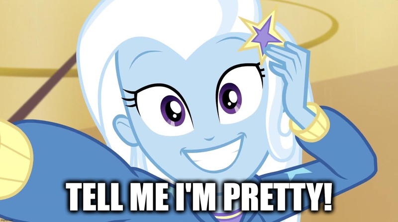 Size: 1820x1020 | Tagged: safe, derpibooru import, edit, edited screencap, screencap, trixie, do it for the ponygram!, equestria girls, equestria girls series, spoiler:eqg series (season 2), caption, female, image macro, kuchisake onna, meme, smiling, solo, tell me i'm pretty, text, the fairly oddparents, trixie tang