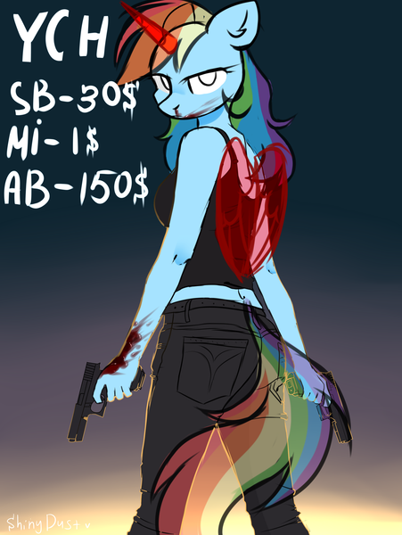 Size: 2623x3492 | Tagged: semi-grimdark, artist:shiny-dust, derpibooru import, rainbow dash, alicorn, anthro, alicornified, alternate hairstyle, belt, blood, breasts, butt, clothes, commission, dual wield, female, gun, handgun, jeans, looking at you, midriff, nosebleed, no trigger discipline, pants, pistol, race swap, rainbowcorn, solo, tanktop, weapon, ych example, your character here