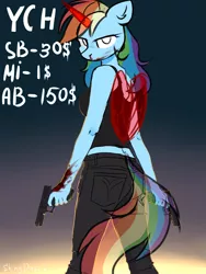 Size: 2623x3492 | Tagged: semi-grimdark, artist:shiny-dust, derpibooru import, rainbow dash, alicorn, anthro, alicornified, alternate hairstyle, belt, blood, breasts, butt, clothes, commission, dual wield, female, gun, handgun, jeans, looking at you, midriff, nosebleed, no trigger discipline, pants, pistol, race swap, rainbowcorn, solo, tanktop, weapon, ych example, your character here