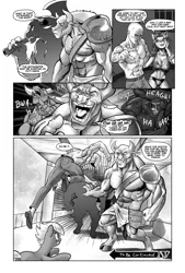 Size: 1301x1920 | Tagged: safe, artist:pencils, derpibooru import, catrina, limestone pie, oc, oc:anon, cat, earth pony, human, minotaur, pony, comic:anon's pie adventure, ass, butt, comic, female, jojo reference, laughing, male, mare, monochrome, nose piercing, nose ring, piercing, roundabout, this will end in death, this will end in one punch, to be continued, to be continued (meme)