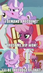 Size: 600x1014 | Tagged: safe, derpibooru import, edit, edited screencap, screencap, cheerilee, diamond tiara, dinky hooves, earth pony, pony, crusaders of the lost mark, caption, comic, image macro, politics, screencap comic, smug, text