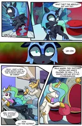 Size: 719x1112 | Tagged: safe, artist:candyclumsy, derpibooru import, nightmare moon, princess celestia, alicorn, pony, comic:attempted sorroricide, bipedal, butt, comic, cushion, doctor, female, filly, literal butthurt, needle, nightmare woon, pain, plot, poison, syringe