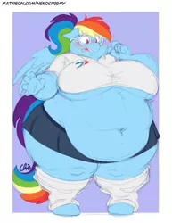 Size: 892x1155 | Tagged: alternate hairstyle, anthro, artist:nekocrispy, bbw, belly, belly button, big belly, big breasts, blushing, breasts, chubby cheeks, clothes, commission, cutie mark, cutie mark on clothes, derpibooru import, egghead, egghead dash, fat, female, glasses, huge belly, huge breasts, leg warmers, midriff, morbidly obese, nerd, obese, open mouth, patreon, pegasus, ponytail, rainblob dash, rainbow dash, rainbow dork, shirt, skirt, solo, solo female, spread wings, standing, suggestive, thighs, thunder thighs, tubby wubby pony waifu, underboob, unguligrade anthro, wings