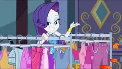 Size: 320x180 | Tagged: safe, derpibooru import, screencap, rarity, equestria girls, equestria girls series, street chic, spoiler:eqg series (season 2), autumn, autumn leaves, bracelet, clothes, clothes rack, eyeshadow, geode of shielding, jewelry, leaf, leaves, lidded eyes, magical geodes, makeup, smiling, smiling at you, wind, wind blowing, window