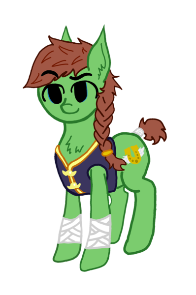 Size: 1564x2356 | Tagged: safe, artist:antique1899, derpibooru import, oc, oc:swift stride, unofficial characters only, earth pony, pony, derpibooru community collaboration, 2021 community collab, bandage, blue eyes, braid, braided ponytail, chest fluff, clothes, digital art, ear fluff, simple background, smiling, smirk, solo, standing, transparent background, vest