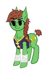 Size: 1564x2356 | Tagged: safe, artist:antique1899, derpibooru import, oc, oc:swift stride, unofficial characters only, earth pony, pony, derpibooru community collaboration, 2021 community collab, bandage, blue eyes, braid, braided ponytail, chest fluff, clothes, digital art, ear fluff, simple background, smiling, smirk, solo, standing, transparent background, vest